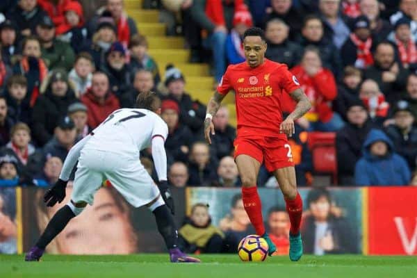 LIVERPOOL, ENGLAND - Sunday, November 6, 2016: Liverpool's Nathaniel Clyne in action against Watford during the FA Premier League match at Anfield. (Pic by David Rawcliffe/Propaganda)