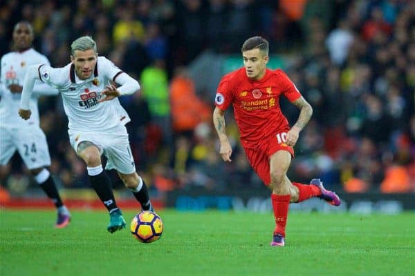 LIVERPOOL, ENGLAND - Sunday, November 6, 2016: Liverpool's Philippe Coutinho Correia in action against Watford during the FA Premier League match at Anfield. (Pic by David Rawcliffe/Propaganda)