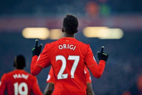 LIVERPOOL, ENGLAND - Saturday, November 26, 2016: Liverpool's Divock Origi celebrates scoring the first goal againstSunderland during the FA Premier League match at Anfield. (Pic by David Rawcliffe/Propaganda)