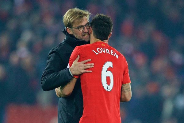 LIVERPOOL, ENGLAND - Saturday, November 26, 2016: Liverpool's manager Jürgen Klopp and Dejan Lovren after the 2-0 victory over Sunderland during the FA Premier League match at Anfield. (Pic by David Rawcliffe/Propaganda)