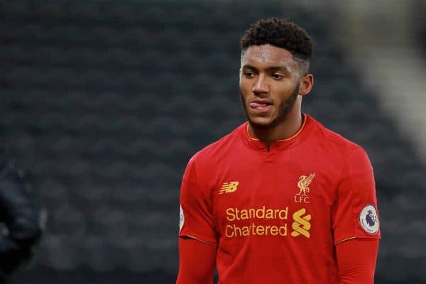 DERBY, ENGLAND - Monday, November 28, 2016: Liverpool's Joe Gomez in action against Derby County during the FA Premier League 2 Under-23 match at Pride Park. (Pic by David Rawcliffe/Propaganda)