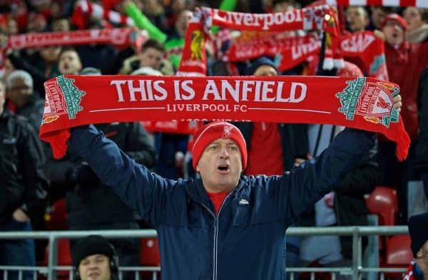 LIVERPOOL, ENGLAND - Tuesday, November 29, 2016: A Liverpool supporter with a "This is Anfield" scarf during the Football League Cup Quarter-Final match against Leeds United at Anfield. (Pic by David Rawcliffe/Propaganda)