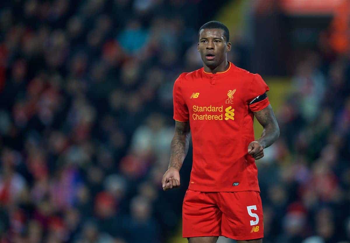 LIVERPOOL, ENGLAND - Tuesday, November 29, 2016: Liverpool's Georginio Wijnaldum in action against Leeds United during the Football League Cup Quarter-Final match at Anfield. (Pic by David Rawcliffe/Propaganda)