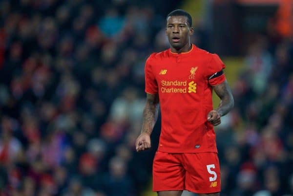 LIVERPOOL, ENGLAND - Tuesday, November 29, 2016: Liverpool's Georginio Wijnaldum in action against Leeds United during the Football League Cup Quarter-Final match at Anfield. (Pic by David Rawcliffe/Propaganda)