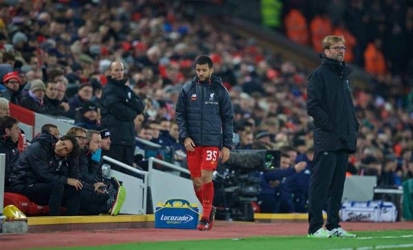 LIVERPOOL, ENGLAND - Tuesday, November 29, 2016: Liverpool's injured Kevin Stewart returns to the bench after treatment during the Football League Cup Quarter-Final match against Leeds United at Anfield. (Pic by David Rawcliffe/Propaganda)