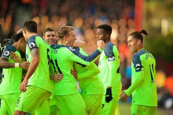 BOURNEMOUTH, ENGLAND - Sunday, December 4, 2016: Liverpool's Emre Can celebrates scoring the third goal against AFC Bournemouth with team-mates James Milner, Lucas Leiva and Roberto Firmino during the FA Premier League match at Dean Court. (Pic by David Rawcliffe/Propaganda)