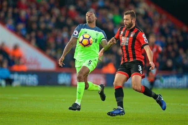 BOURNEMOUTH, ENGLAND - Sunday, December 4, 2016: Liverpool's Georginio Wijnaldum in action against AFC Bournemouth's Steve Cook during the FA Premier League match at Dean Court. (Pic by David Rawcliffe/Propaganda)