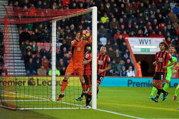 BOURNEMOUTH, ENGLAND - Sunday, December 4, 2016: AFC Bournemouth's goalkeeper Adam Federici makes a save but carries the ball over the goal-line, no goal was awarded, during the FA Premier League match at Dean Court. (Pic by David Rawcliffe/Propaganda)