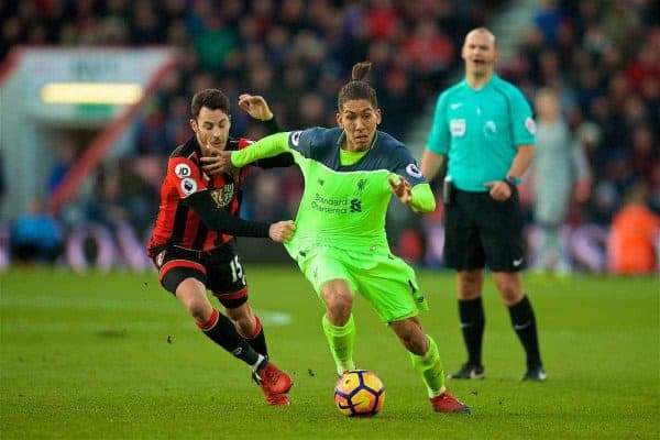 BOURNEMOUTH, ENGLAND - Sunday, December 4, 2016: Liverpool's Roberto Firmino in action against AFC Bournemouth's Adam Smith during the FA Premier League match at Dean Court. (Pic by David Rawcliffe/Propaganda)