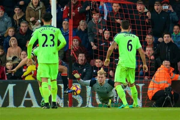 BOURNEMOUTH, ENGLAND - Sunday, December 4, 2016: Liverpool's goalkeeper Loris Karius fails to stop AFC Bournemouth's Nathan Ake score a late fourth goal to win the match 4-3 during the FA Premier League match at Dean Court. (Pic by David Rawcliffe/Propaganda)