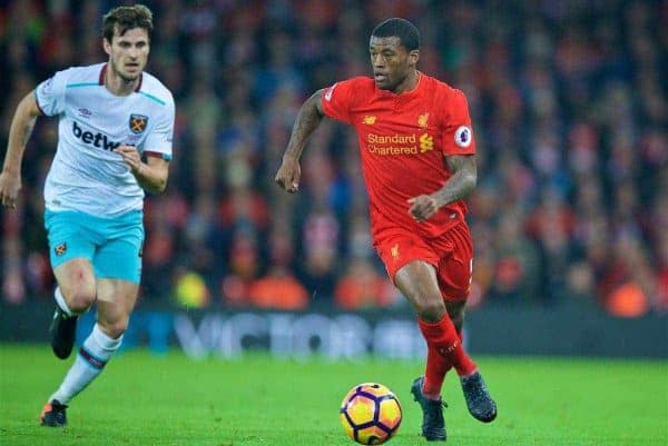 LIVERPOOL, ENGLAND - Sunday, December 11, 2016: Liverpool's Georginio Wijnaldum in action against West Ham United during the FA Premier League match at Anfield. (Pic by David Rawcliffe/Propaganda)