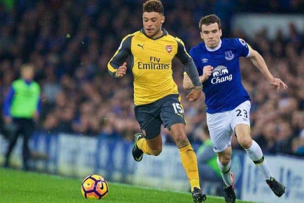 LIVERPOOL, ENGLAND - Tuesday, December 13, 2016: Arsenal's Alex Oxlade-Chamberlain and Everton's Seamus Coleman during the FA Premier League match at Goodison Park. (Pic by David Rawcliffe/Propaganda)