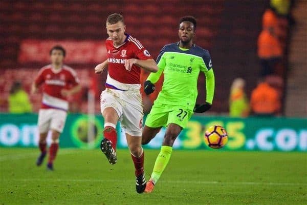 MIDDLESBROUGH, ENGLAND - Wednesday, December 14, 2016: Middlesbrough's Ben Gibson in action against Liverpool's Divock Origi during the FA Premier League match at the Riverside Stadium. (Pic by David Rawcliffe/Propaganda)