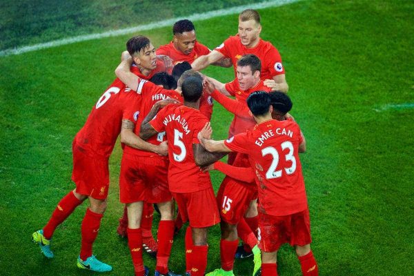 LIVERPOOL, ENGLAND - Monday, December 19, 2016: Liverpool's Sadio Mane celebrates scoring a late injury-time winning goal against Everton, to seal a 1-0 victory, with team-mates during the FA Premier League match against Liverpool, the 227th Merseyside Derby, at Goodison Park. (Pic by Gavin Trafford/Propaganda)