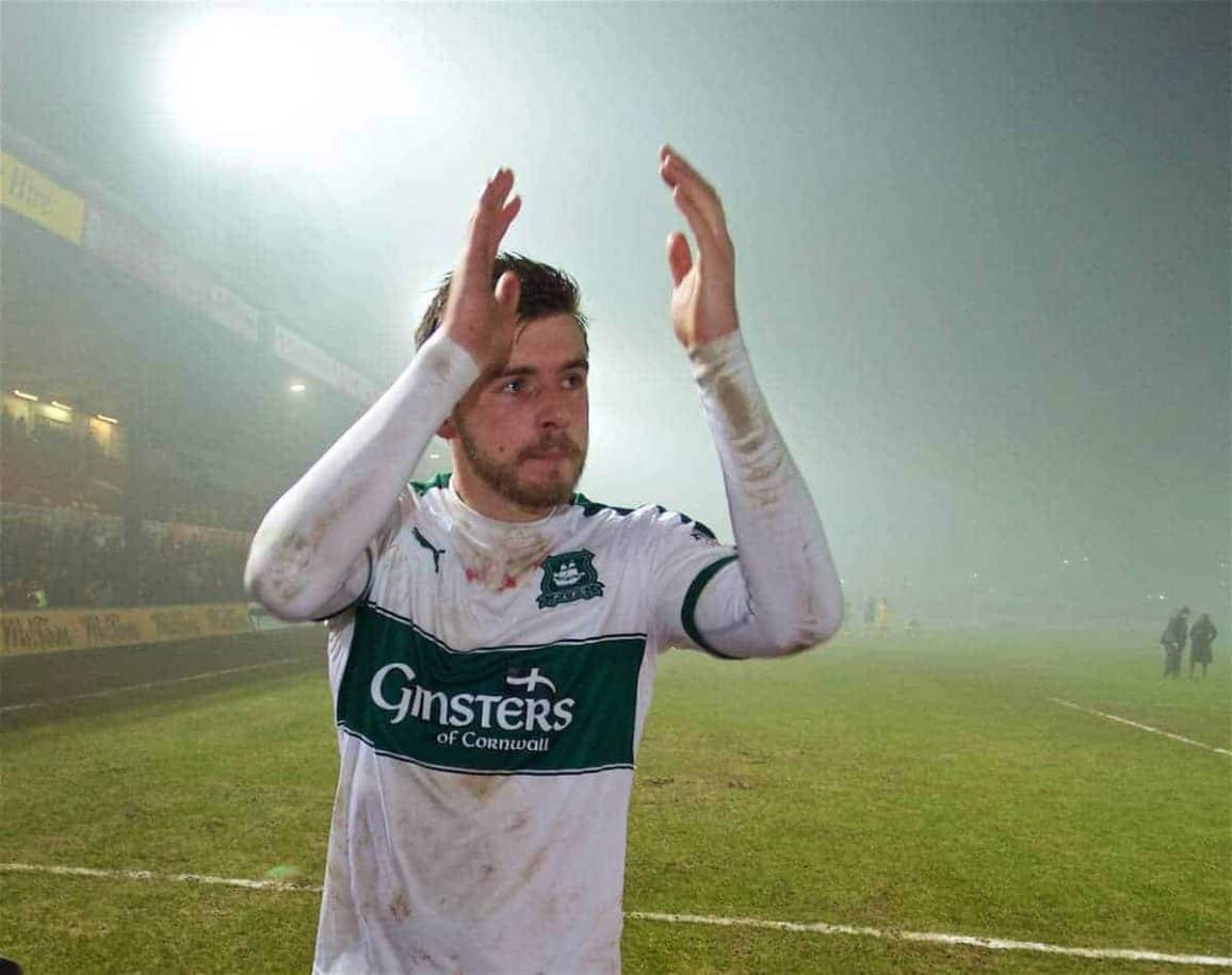 NEWPORT, WALES - Wednesday, December 21, 2016: Plymouth Argyle's goal-scorer Graham Carey celebrates the 1-0 extra-time victory over Newport County during the FA Cup 2nd Round Replay match at Rodney Parade. (Pic by David Rawcliffe/Propaganda)