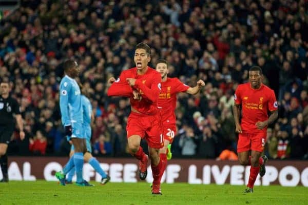 LIVERPOOL, ENGLAND - Tuesday, December 27, 2016: Liverpool's Roberto Firmino celebrates scoring the second goal against Stoke City during the FA Premier League match at Anfield. (Pic by David Rawcliffe/Propaganda)