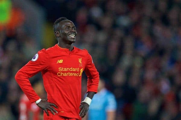 LIVERPOOL, ENGLAND - Tuesday, December 27, 2016: Liverpool's Sadio Mane celebrates scoring the third goal against Stoke City during the FA Premier League match at Anfield. (Pic by David Rawcliffe/Propaganda)