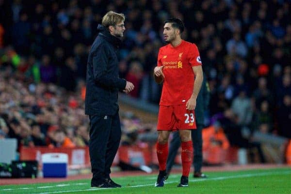 LIVERPOOL, ENGLAND - Saturday, December 31, 2016: Liverpool's manager Jürgen Klopp gives instructions to Emre Can during the FA Premier League match against Manchester City at Anfield. (Pic by David Rawcliffe/Propaganda)