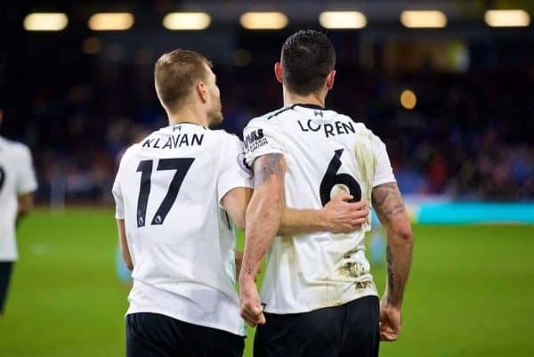 LIVERPOOL, ENGLAND - Saturday, December 30, 2017: Liverpool's Ragnar Klavan celebrates scoring the winning second goal with a header with team-mate Dejan Lovren during the FA Premier League match between Liverpool and Leicester City at Anfield. (Pic by David Rawcliffe/Propaganda)