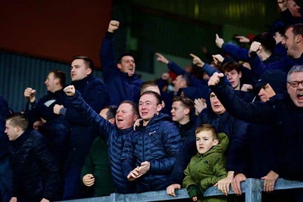 LIVERPOOL, ENGLAND - Saturday, December 30, 2017: Liverpool supporters celebrate during the FA Premier League match between Liverpool and Leicester City at Anfield. (Pic by David Rawcliffe/Propaganda)