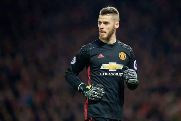 MANCHESTER, ENGLAND - Sunday, January 15, 2017: Manchester United's goalkeeper David de Gea in action against Liverpool during the FA Premier League match at Old Trafford. (Pic by David Rawcliffe/Propaganda)