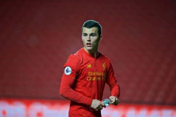 LIVERPOOL, ENGLAND - Monday, January 16, 2017: Liverpool's Brooks Lennon in action against Manchester United during the FA Premier League 2 Division 1 Under-23 match at Anfield. (Pic by David Rawcliffe/Propaganda)