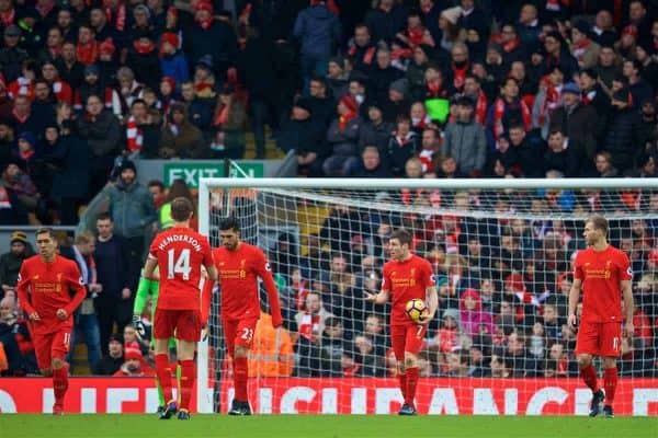 LIVERPOOL, ENGLAND - Saturday, January 21, 2017: Liverpool's James Milner looks dejected as Swansea City score the opening goal during the FA Premier League match at Anfield. (Pic by David Rawcliffe/Propaganda)