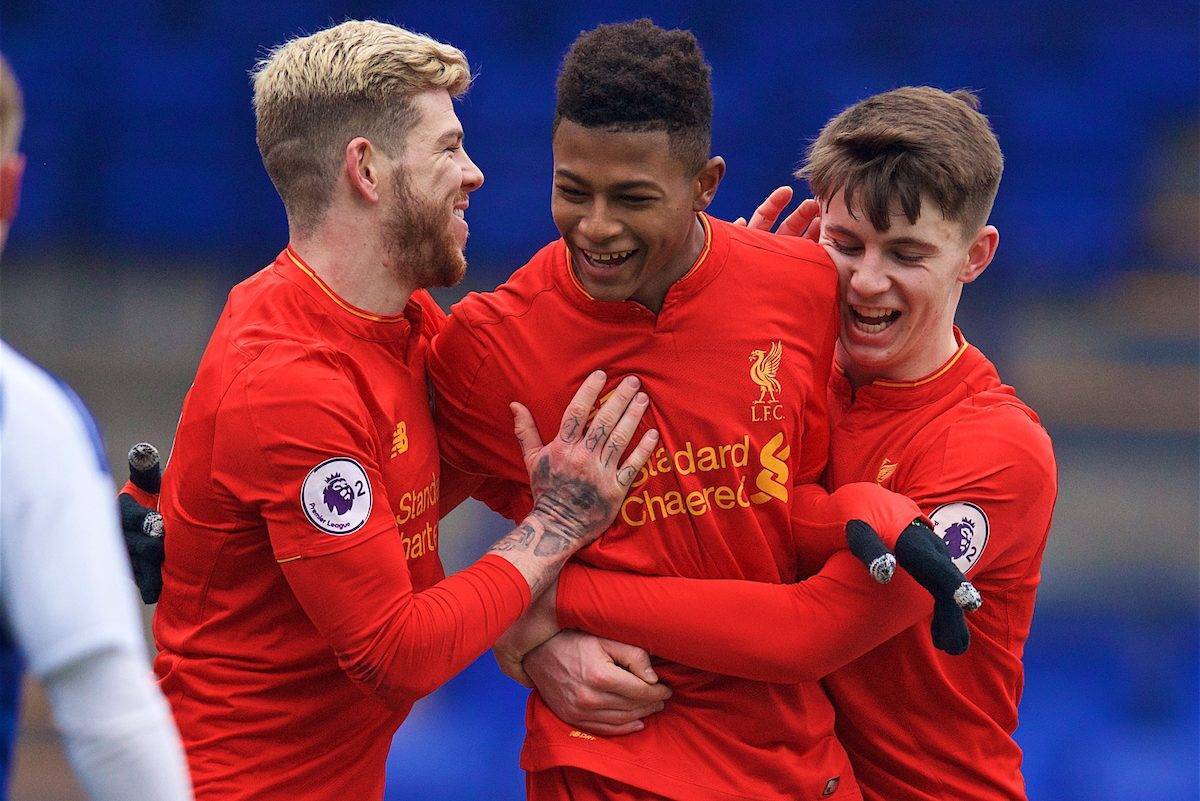 BIRKENHEAD, ENGLAND - Sunday, January 22, 2017: Liverpool's Rhian Brewster celebrates scoring the second goal against Ipswich Town with team-mates Alberto Moreno [L] and Ben Woodburn [R] during the FA Premier League Cup match at Prenton Park. (Pic by David Rawcliffe/Propaganda)