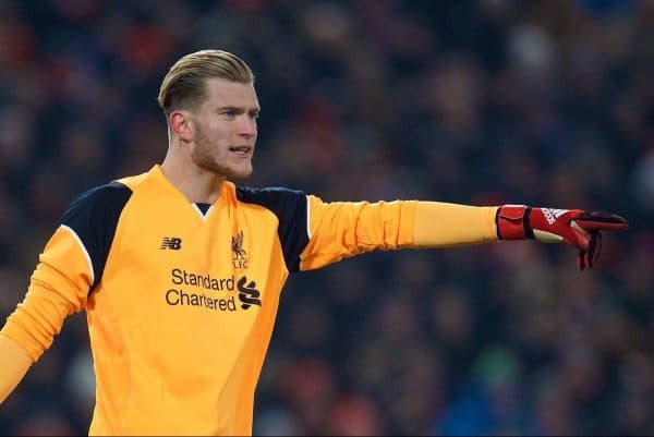 LIVERPOOL, ENGLAND - Wednesday, January 25, 2017: Liverpool's goalkeeper Loris Karius in action against Southampton during the Football League Cup Semi-Final 2nd Leg match at Anfield. (Pic by David Rawcliffe/Propaganda)