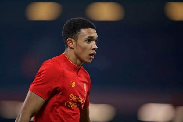 LIVERPOOL, ENGLAND - Wednesday, January 25, 2017: Liverpool's Trent Alexander-Arnold in action against Southampton during the Football League Cup Semi-Final 2nd Leg match at Anfield. (Pic by David Rawcliffe/Propaganda)