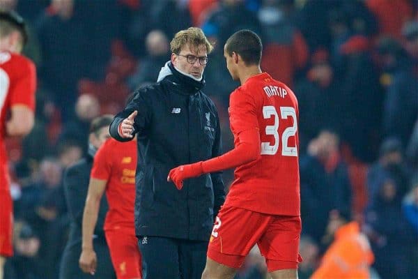 LIVERPOOL, ENGLAND - Wednesday, January 25, 2017: Liverpool's manager Jürgen Klopp and Joel Matip look dejected as Southampton seal a 1-0 victory, 2-0 on aggregate, during the Football League Cup Semi-Final 2nd Leg match at Anfield. (Pic by David Rawcliffe/Propaganda)