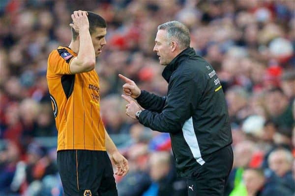 LIVERPOOL, ENGLAND - Saturday, January 28, 2017: Wolverhampton Wanderers' manager Paul Lambert speaks to Conor Coady during the FA Cup 4th Round match against Liverpool at Anfield. (Pic by David Rawcliffe/Propaganda)