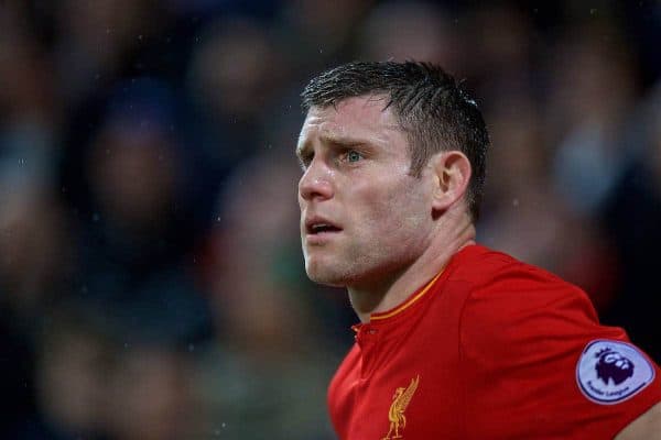 LIVERPOOL, ENGLAND - Tuesday, January 31, 2017: Liverpool's James Milner in action against Chelsea during the FA Premier League match at Anfield. (Pic by David Rawcliffe/Propaganda)