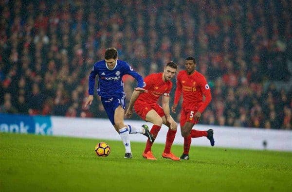 LIVERPOOL, ENGLAND - Tuesday, January 31, 2017: Liverpool's captain Jordan Henderson in action against Chelsea's Marcos Alonso during the FA Premier League match at Anfield. (Pic by David Rawcliffe/Propaganda)