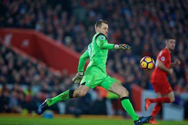 LIVERPOOL, ENGLAND - Tuesday, January 31, 2017: Liverpool's goalkeeper Simon Mignolet in action against Chelsea during the FA Premier League match at Anfield. (Pic by David Rawcliffe/Propaganda)