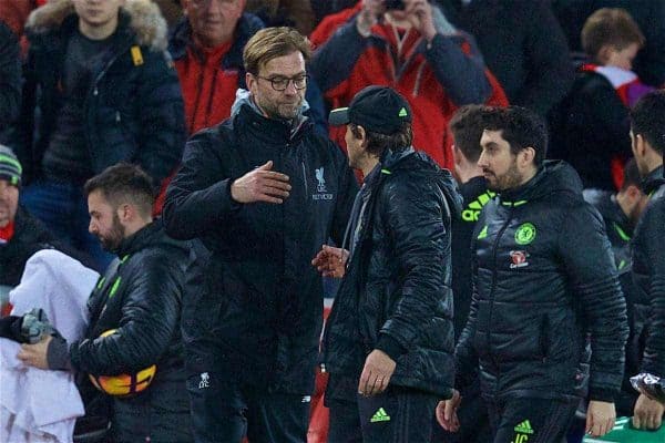 LIVERPOOL, ENGLAND - Tuesday, January 31, 2017: Liverpool's manager Jürgen Klopp embraces Chelsea's manager Antonio Conte after the 1-1 draw during the FA Premier League match at Anfield. (Pic by David Rawcliffe/Propaganda)