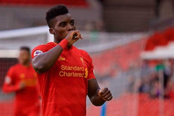 LIVERPOOL, ENGLAND - Sunday, February 5, 2017: Liverpool's Sheyi Ojo celebrates scoring the second goal against Tottenham Hotspur to equalise at 2-2 during FA Premier League 2 Division 1 Under-23 match at Anfield. (Pic by David Rawcliffe/Propaganda)