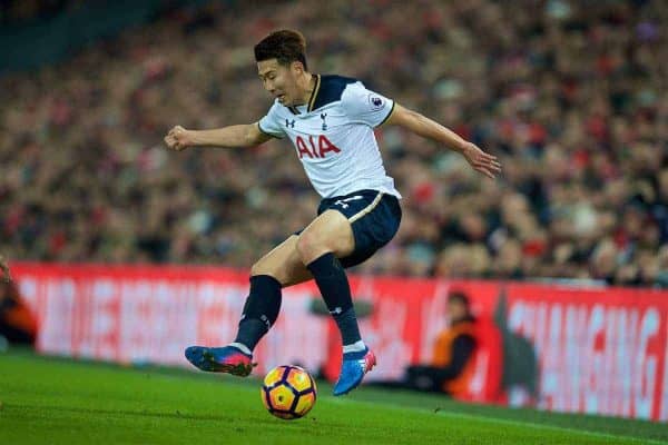 LIVERPOOL, ENGLAND - Saturday, February 11, 2017: Tottenham Hotspur's Son Heung-min in action against Liverpool during the FA Premier League match at Anfield. (Pic by David Rawcliffe/Propaganda)