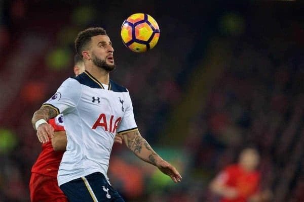 LIVERPOOL, ENGLAND - Saturday, February 11, 2017: Tottenham Hotspur's Kyle Walker in action against Liverpool during the FA Premier League match at Anfield. (Pic by David Rawcliffe/Propaganda)