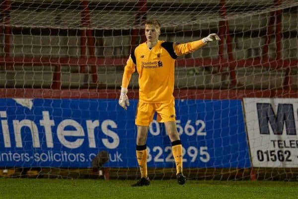 KIDDERMINSTER, ENGLAND - Tuesday, February 28, 2017: Liverpool's goalkeeper Caoimhin Kelleher in action against West Bromwich Albion during the FA Premier League Cup Group G match at Aggborough Stadium. (Pic by David Rawcliffe/Propaganda)