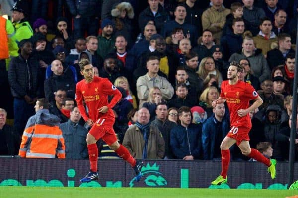 LIVERPOOL, ENGLAND - Saturday, March 4, 2017: Liverpool's Roberto Firmino Celebrates scoring the first goal against Arsenal during the FA Premier League match at Anfield. (Pic by David Rawcliffe/Propaganda)