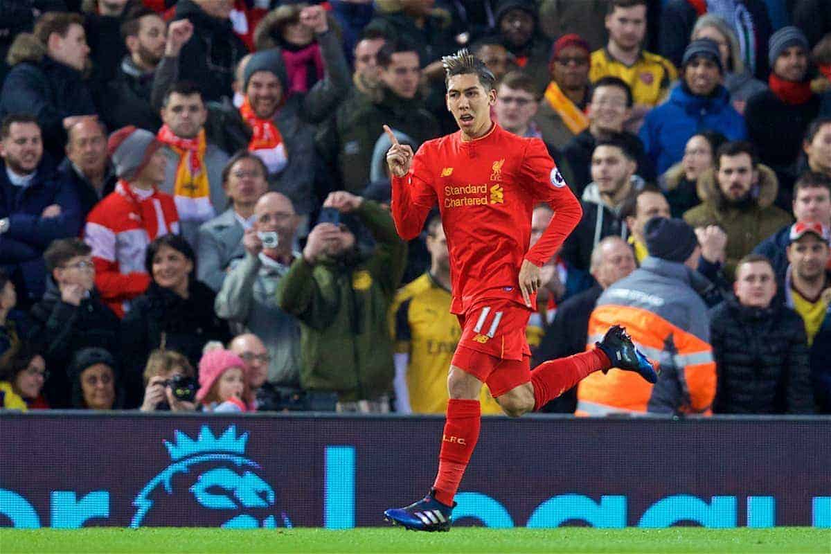 LIVERPOOL, ENGLAND - Saturday, March 4, 2017: Liverpool's Roberto Firmino Celebrates scoring the first goal against Arsenal during the FA Premier League match at Anfield. (Pic by David Rawcliffe/Propaganda)