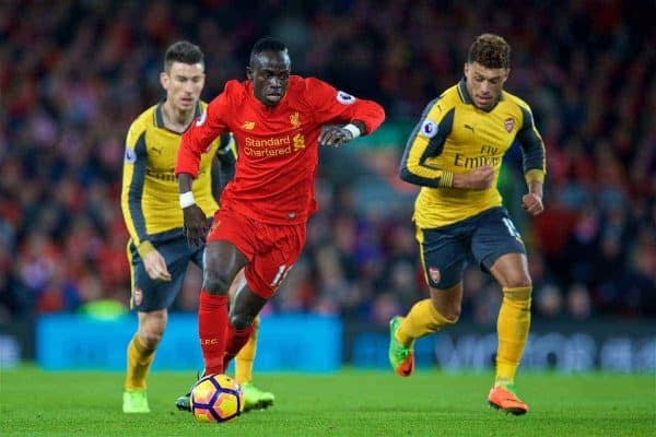 LIVERPOOL, ENGLAND - Saturday, March 4, 2017: Liverpool's Sadio Mane in action against Arsenal during the FA Premier League match at Anfield. (Pic by David Rawcliffe/Propaganda)