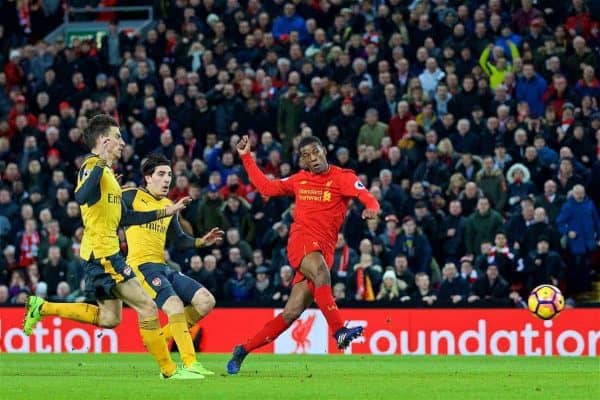 LIVERPOOL, ENGLAND - Saturday, March 4, 2017: Liverpool's Georginio Wijnaldum scores the third goal against Arsenal during the FA Premier League match at Anfield. (Pic by David Rawcliffe/Propaganda)