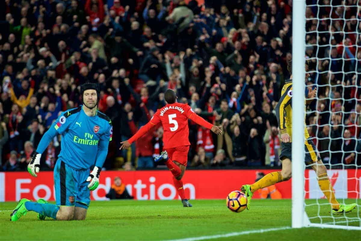 LIVERPOOL, ENGLAND - Saturday, March 4, 2017: Liverpool's Georginio Wijnaldum celebrates scoring the third goal against Arsenal during the FA Premier League match at Anfield. (Pic by David Rawcliffe/Propaganda)