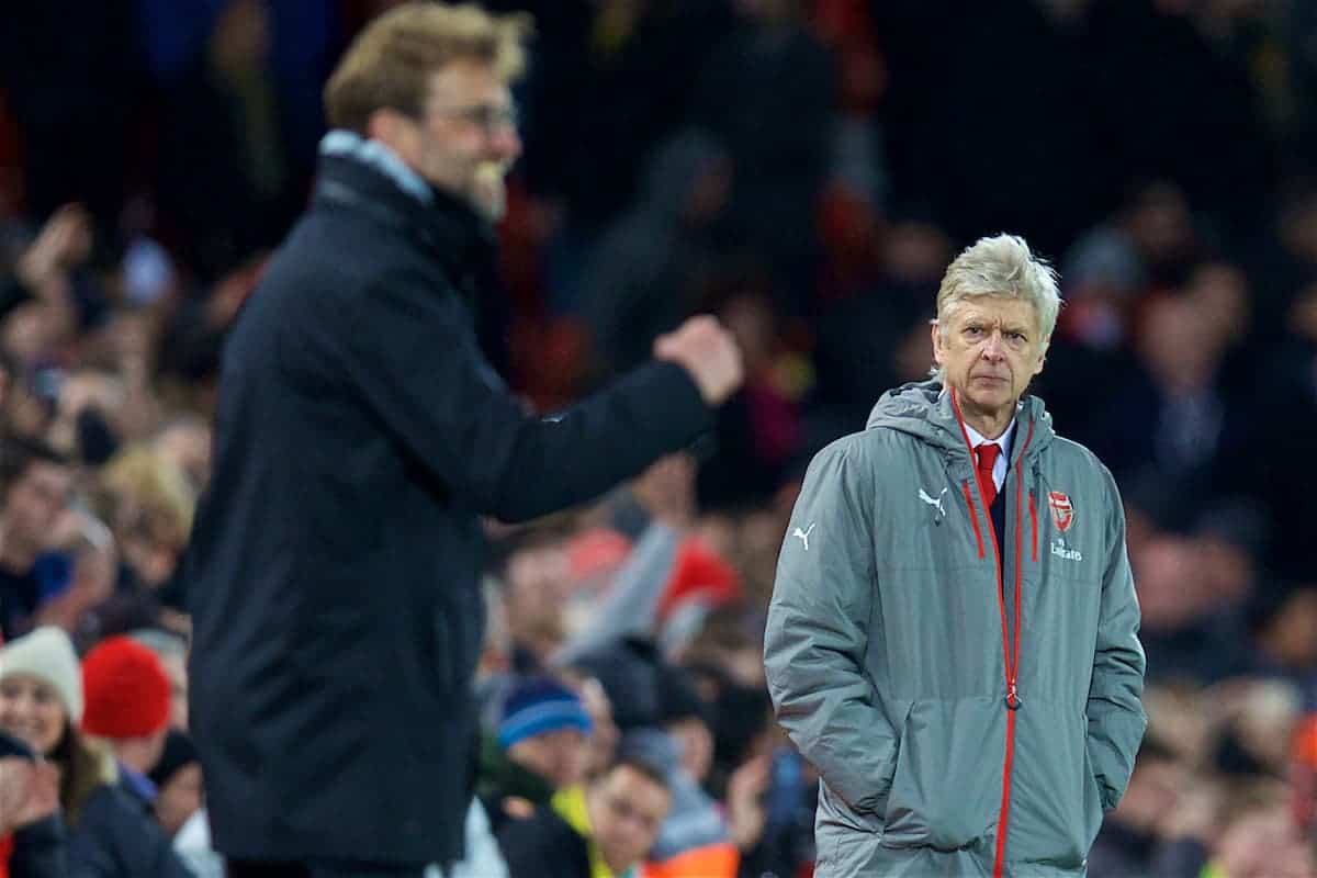LIVERPOOL, ENGLAND - Saturday, March 4, 2017: Arsenal's manager Arsene Wenger looks on as Liverpool's manager Jürgen Klopp celebrates the third goal during the FA Premier League match at Anfield. (Pic by David Rawcliffe/Propaganda)