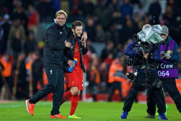 LIVERPOOL, ENGLAND - Saturday, March 4, 2017: Liverpool's manager Jürgen Klopp celebrates the 3-1 victory with Adam Lallana after the FA Premier League match against Arsenal at Anfield. (Pic by David Rawcliffe/Propaganda)