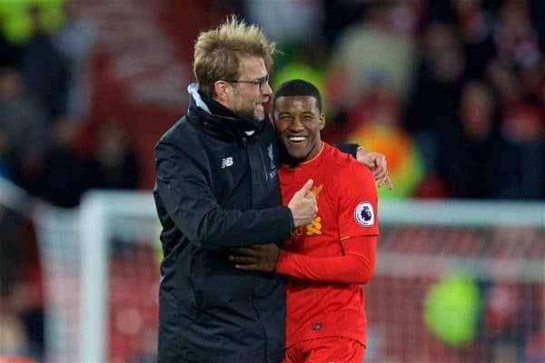 LIVERPOOL, ENGLAND - Saturday, March 4, 2017: Liverpool's manager Jürgen Klopp celebrates the 3-1 victory with Georginio Wijnaldum after the FA Premier League match against Arsenal at Anfield. (Pic by David Rawcliffe/Propaganda)