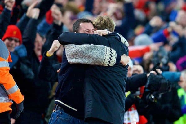 LIVERPOOL, ENGLAND - Saturday, March 4, 2017: Liverpool's manager Jürgen Klopp celebrates with a supporter as his side score the third goal in a 3-1 victory over Arsenal during the FA Premier League match at Anfield. (Pic by David Rawcliffe/Propaganda)