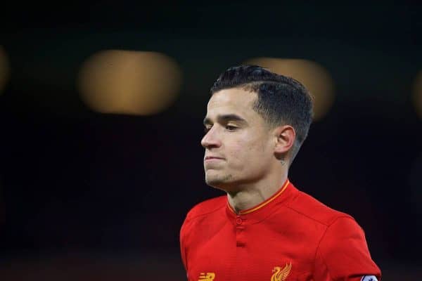 LIVERPOOL, ENGLAND - Saturday, March 4, 2017: Liverpool's Philippe Coutinho Correia in action against Arsenal during the FA Premier League match at Anfield. (Pic by David Rawcliffe/Propaganda)